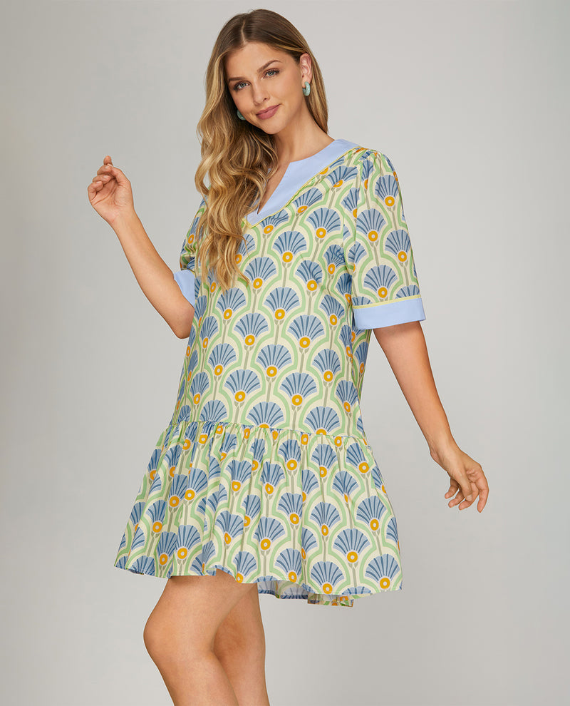 She and Sky Print Dress With Contrast Neckline