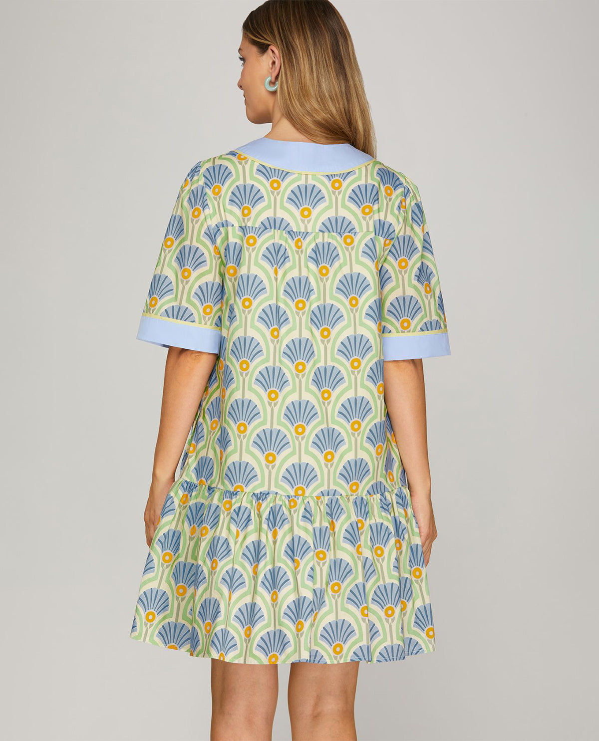 She and Sky Print Dress With Contrast Neckline