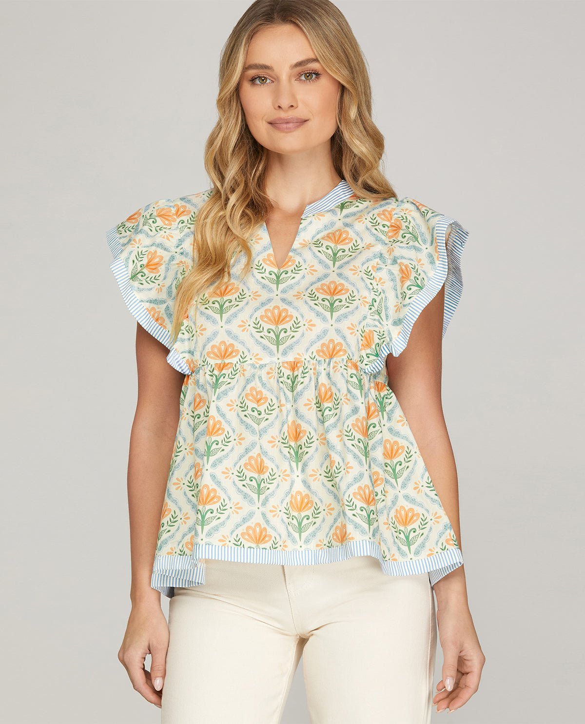 She and Sky Ruffle Sleeve Print Top