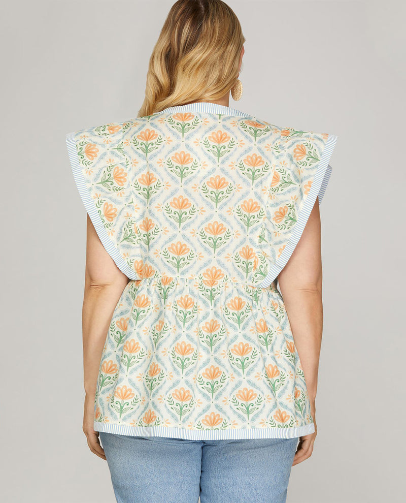 She and Sky Ruffle Sleeve Print Top