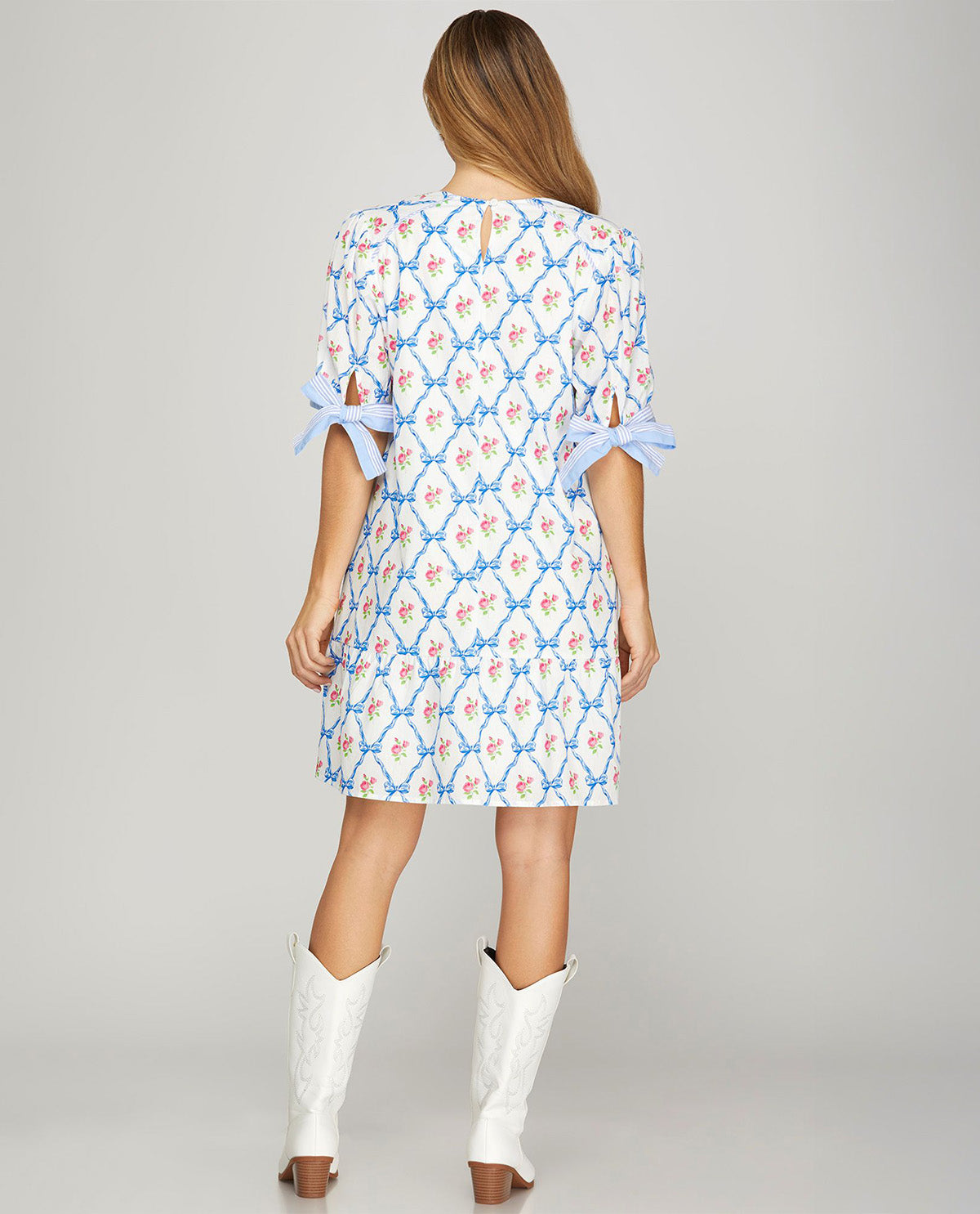 She and Sky Print Dress With Tie Sleeves Lt Blue