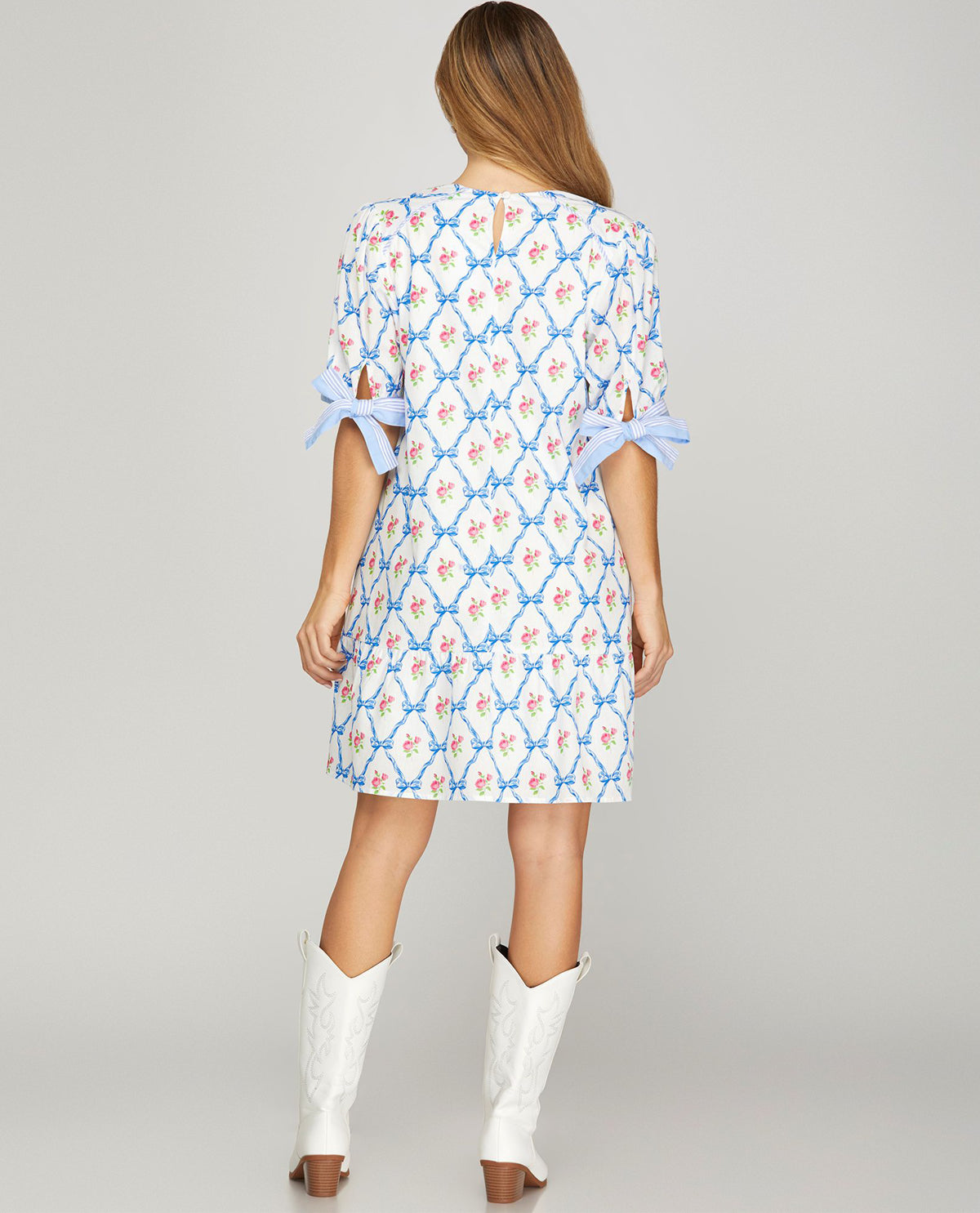 She and Sky Print Dress With Tie Sleeves Lt Blue