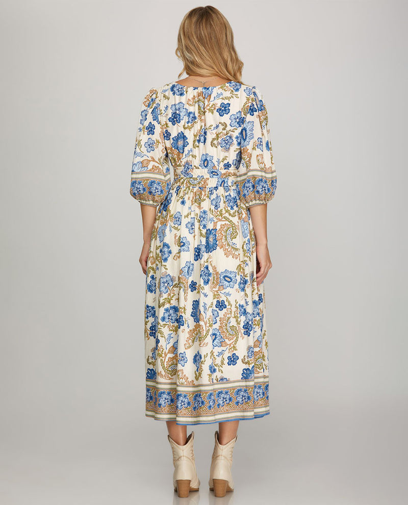 She and Sky V-Neck Dress With Border Blue