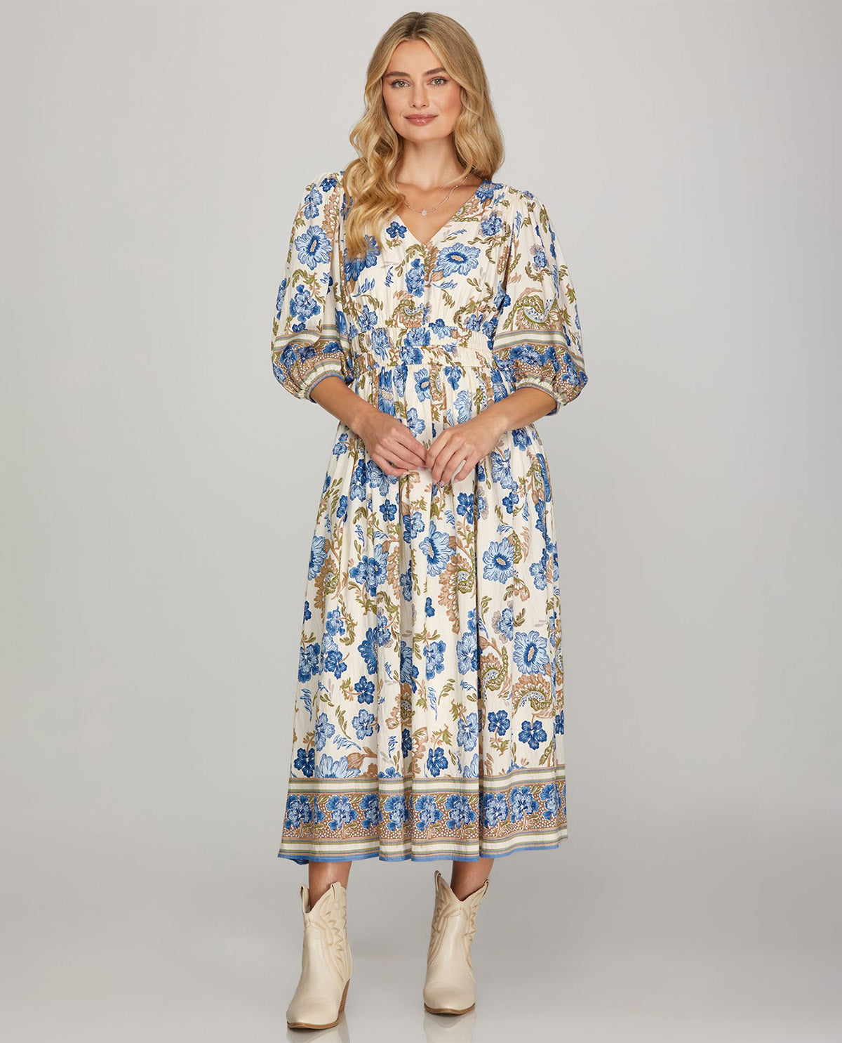 She and Sky V-Neck Dress With Border Blue