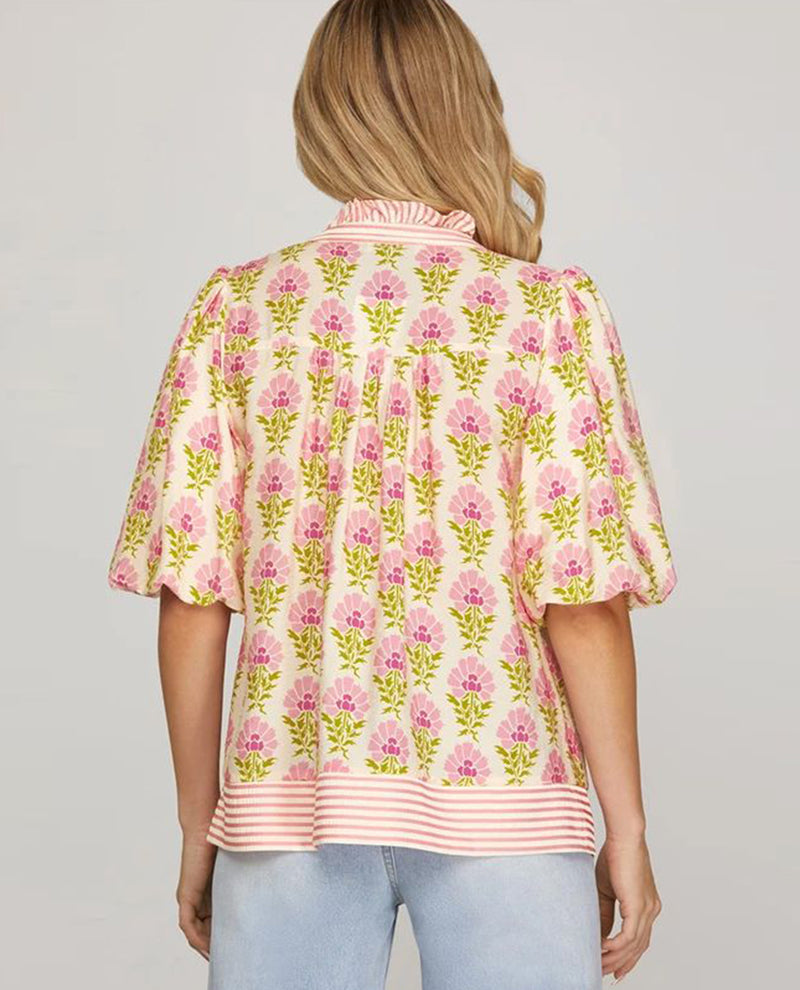 She and Sky Bubble Sleeve Print Ruffle Neck Top