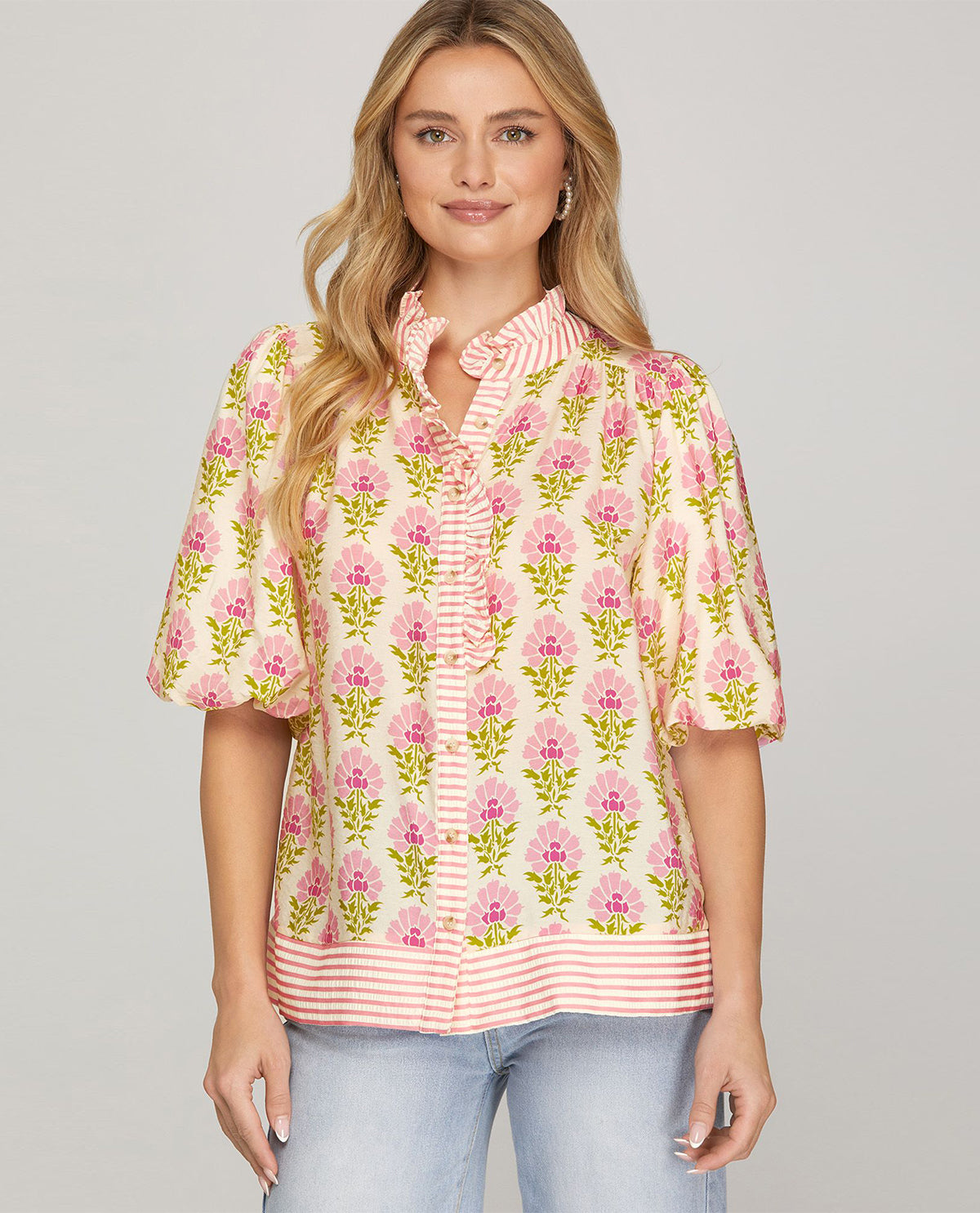 She and Sky Bubble Sleeve Print Ruffle Neck Top