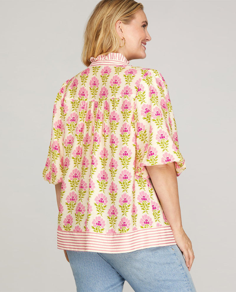 She and Sky Bubble Sleeve Print Ruffle Neck Top