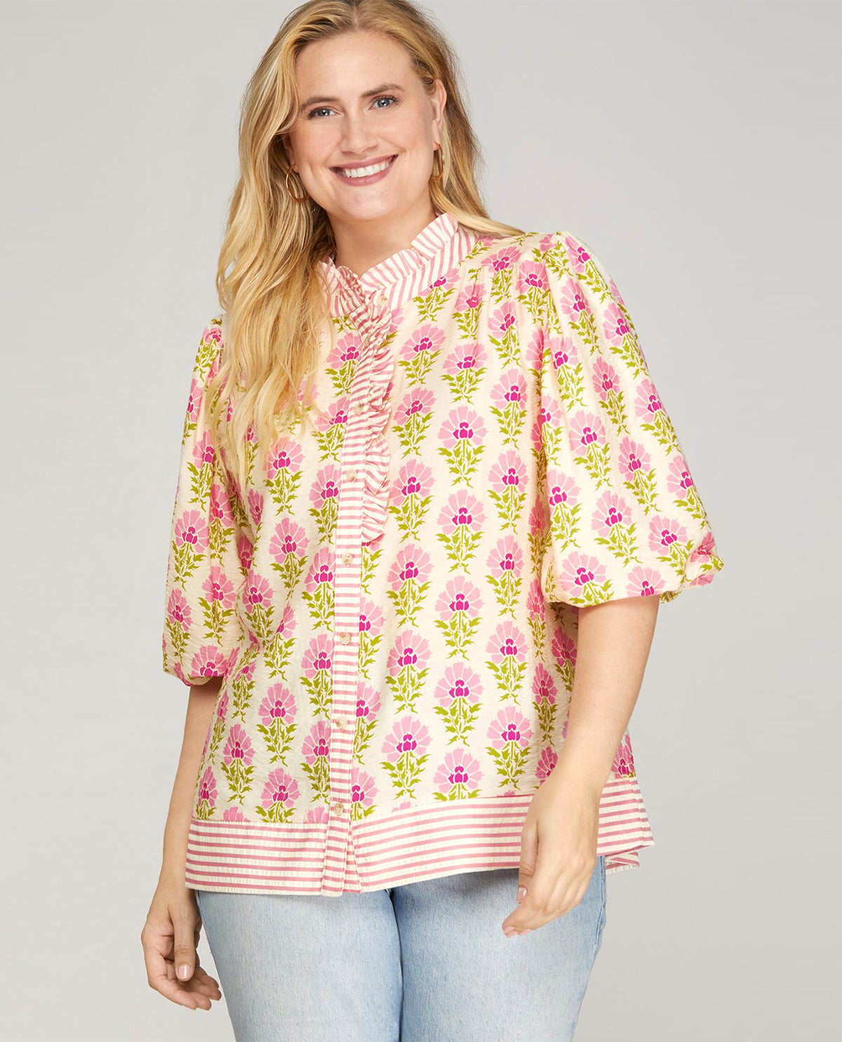 She and Sky Bubble Sleeve Print Ruffle Neck Top