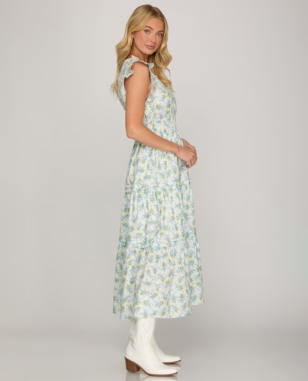She and Sky Floral Print Tiered Dress White