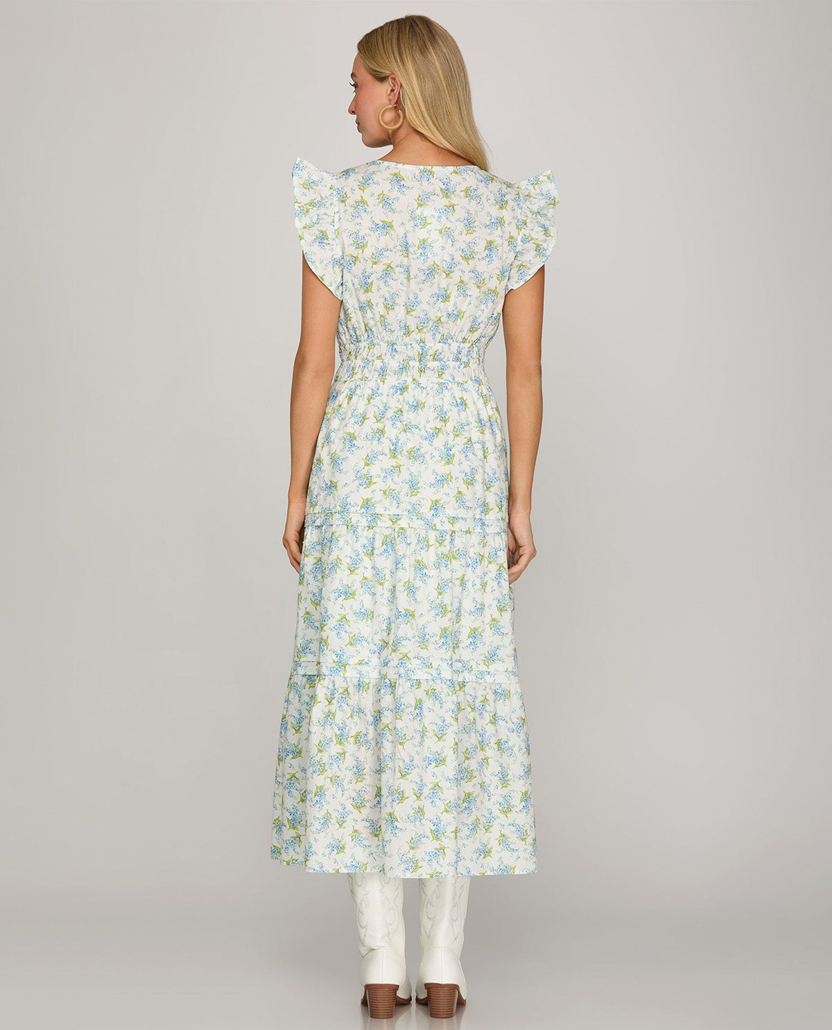 She and Sky Floral Print Tiered Dress White