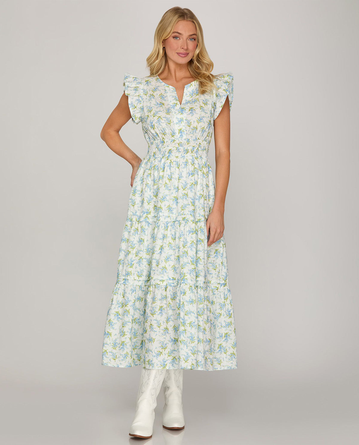 She and Sky Floral Print Tiered Dress White