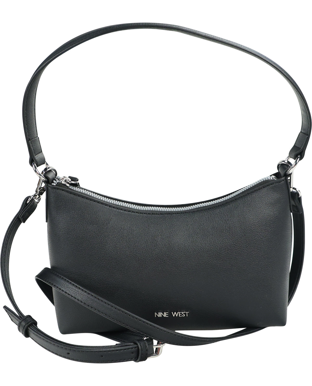 A black pebbled leather shoulder bag with a top zipper, a thin shoulder strap, and an adjustable crossbody strap laid in front. The brand name 'NINE WEST' is printed in silver on the front.