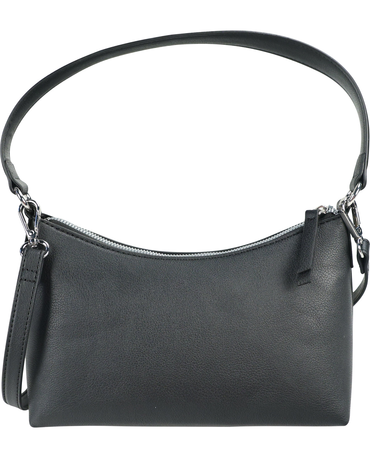 A black pebbled leather shoulder bag with a curved top, a single shoulder strap, a wristlet strap, and silver-tone hardware, shown against a plain white background.