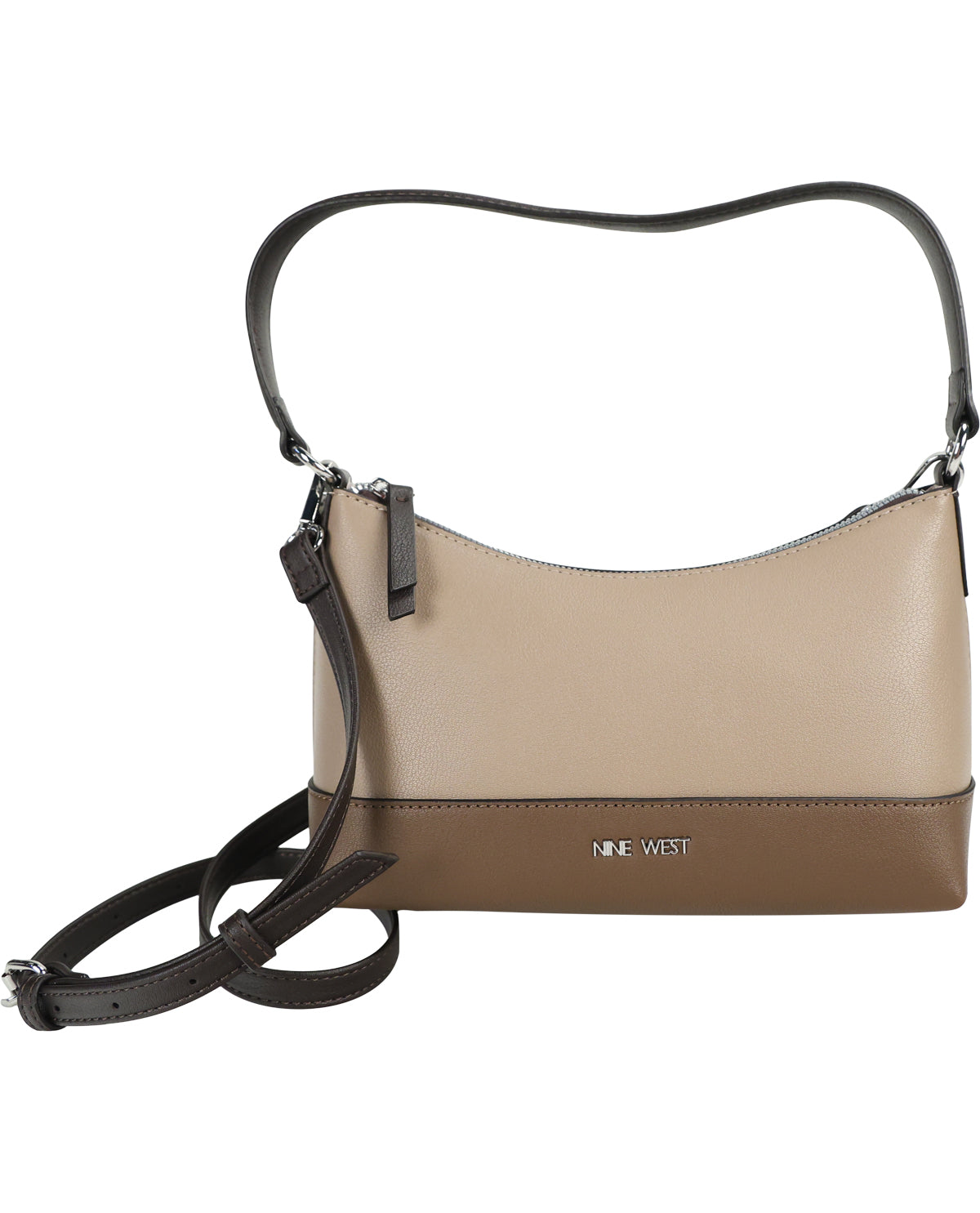 A colorblock shoulder bag by Nine West in beige and brown faux leather with dark brown leather straps, shown on a plain white background.