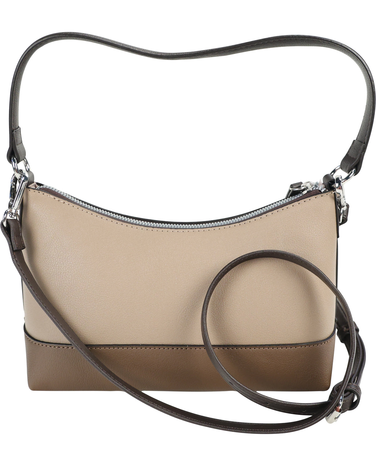 A two-tone leather shoulder bag with a beige top section and a brown bottom base, featuring a dark brown strap and silver-tone hardware.