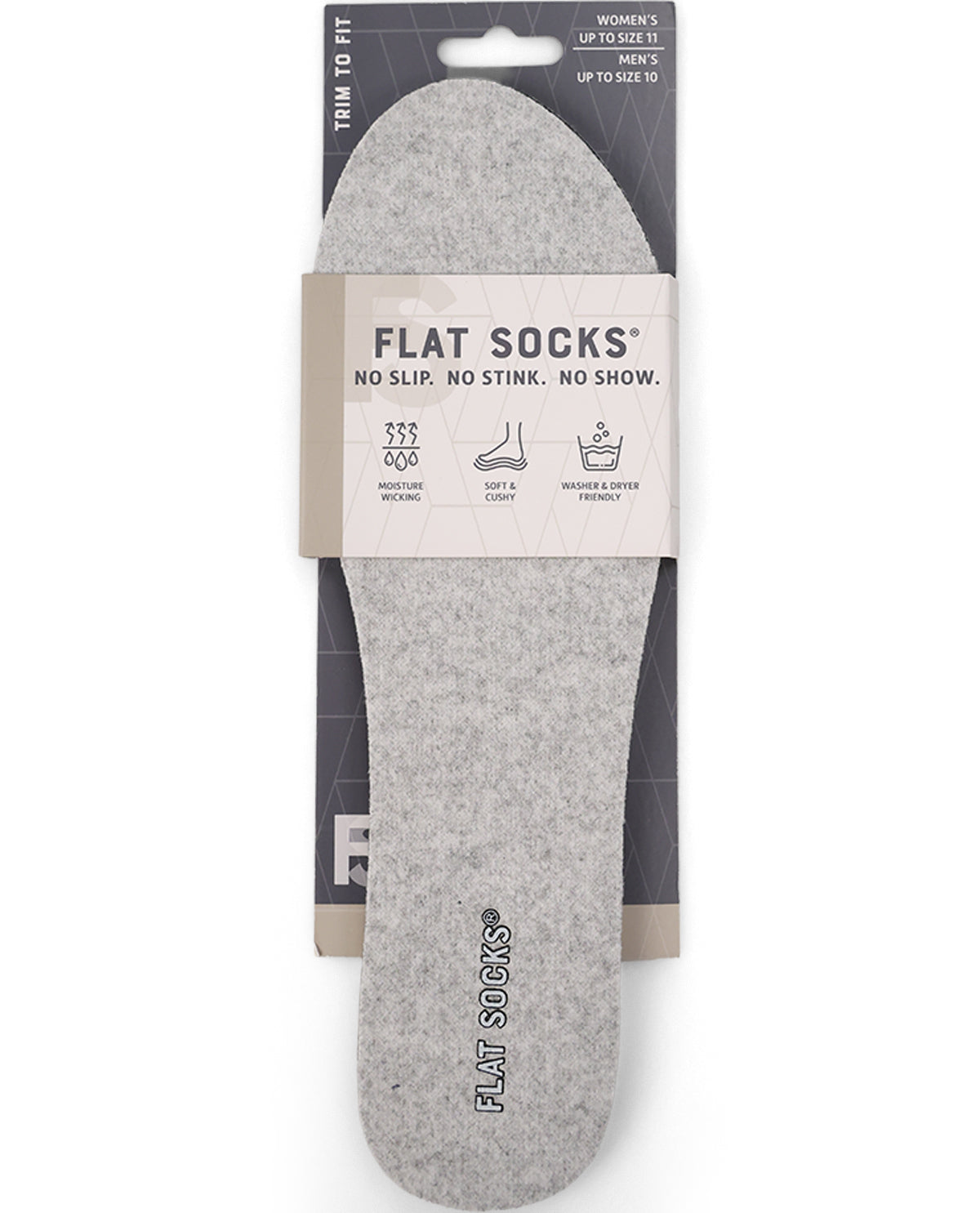 A pair of gray flat socks in their retail packaging, featuring a paper band with product details and a hanger tab at the top.