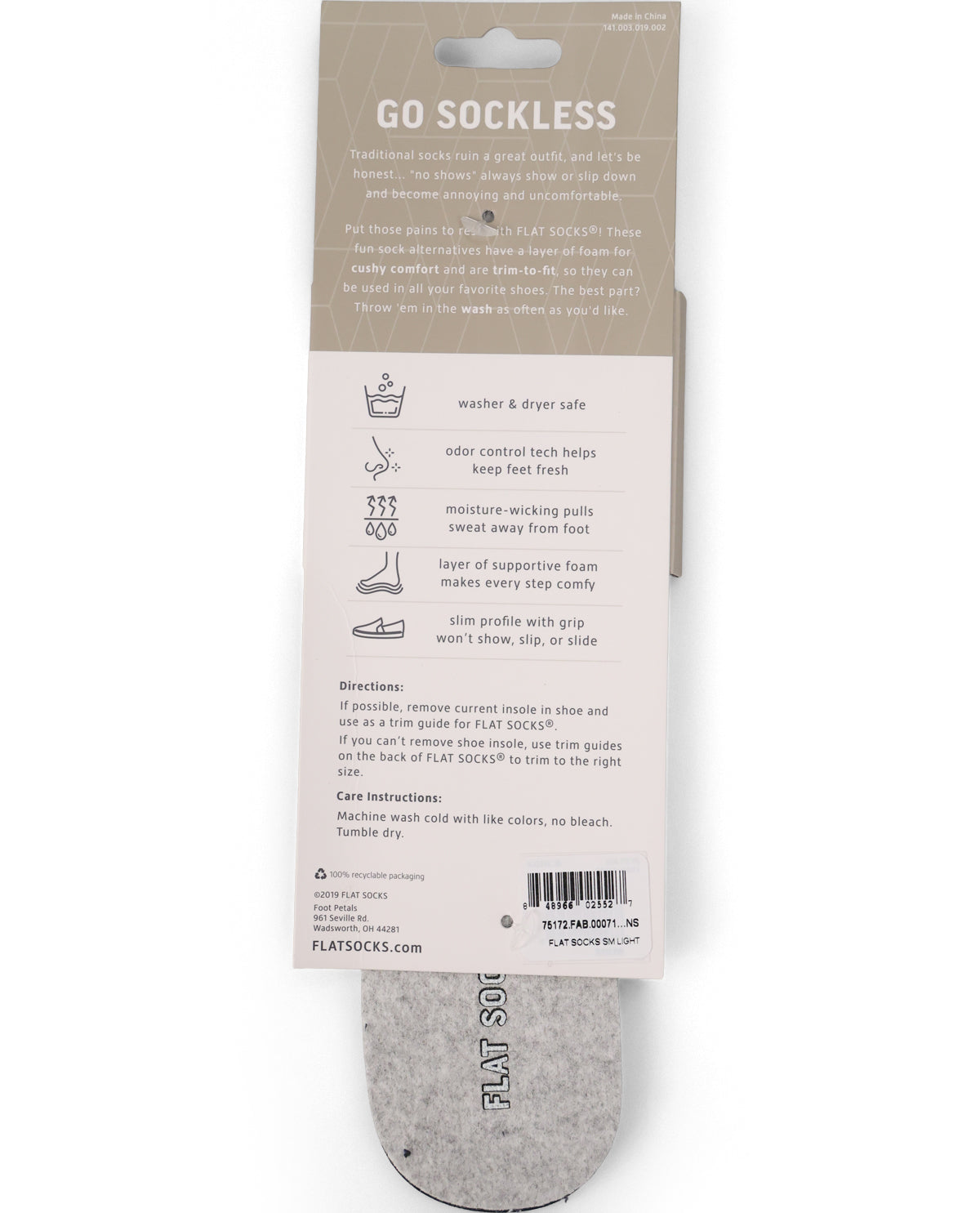 The back of a FLAT SOCK sock, showing the product packaging card with product details, care instructions, and a barcode, photographed against a white background.