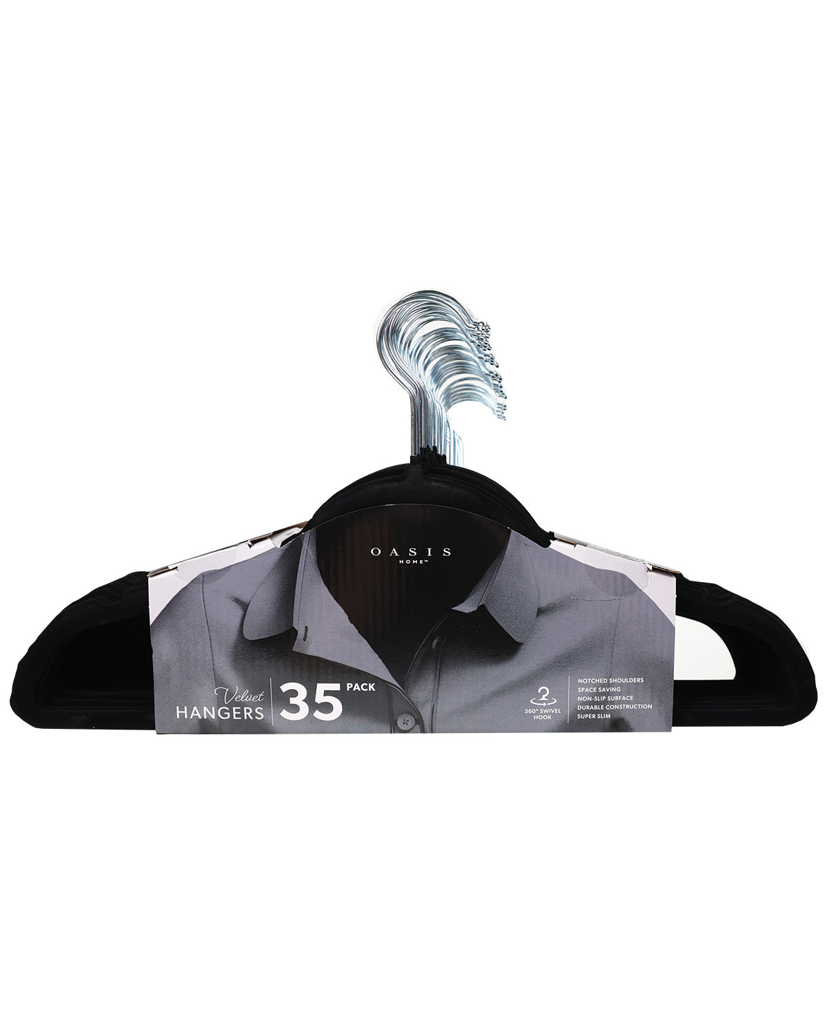 A 35-pack of Oakleaves brand 7-in-1 wooden hangers, shown in a 2-pack display with a gray collared shirt printed on the hanger insert, against a plain white background.