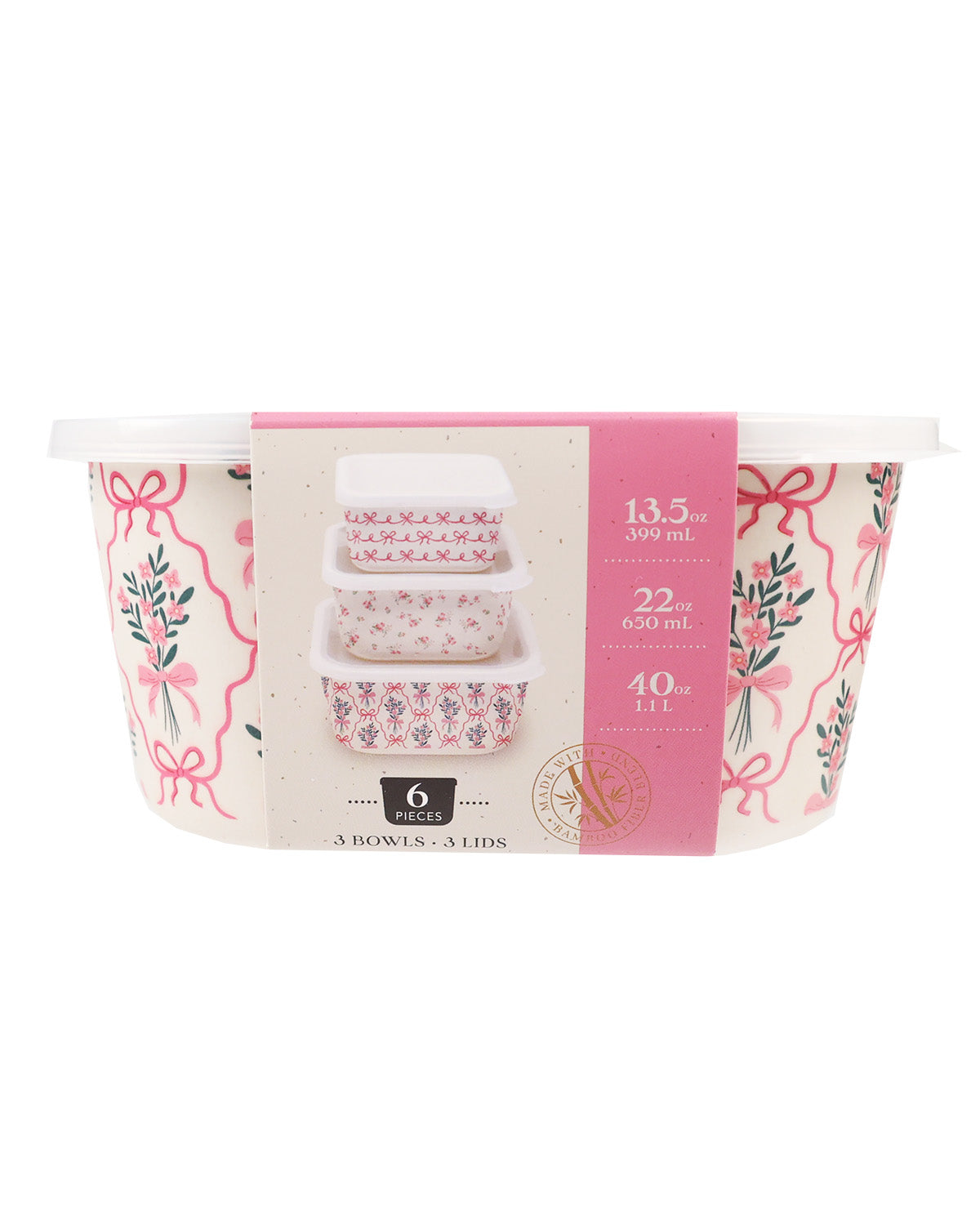 3ct Bamboo Storage Containers - Pink Bow Floral
