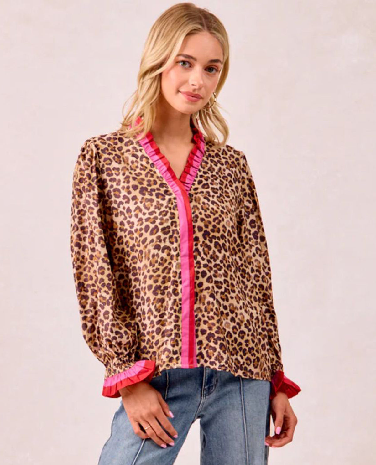Bibi Leopard Print Top with Stripe Wavy Trim Detail