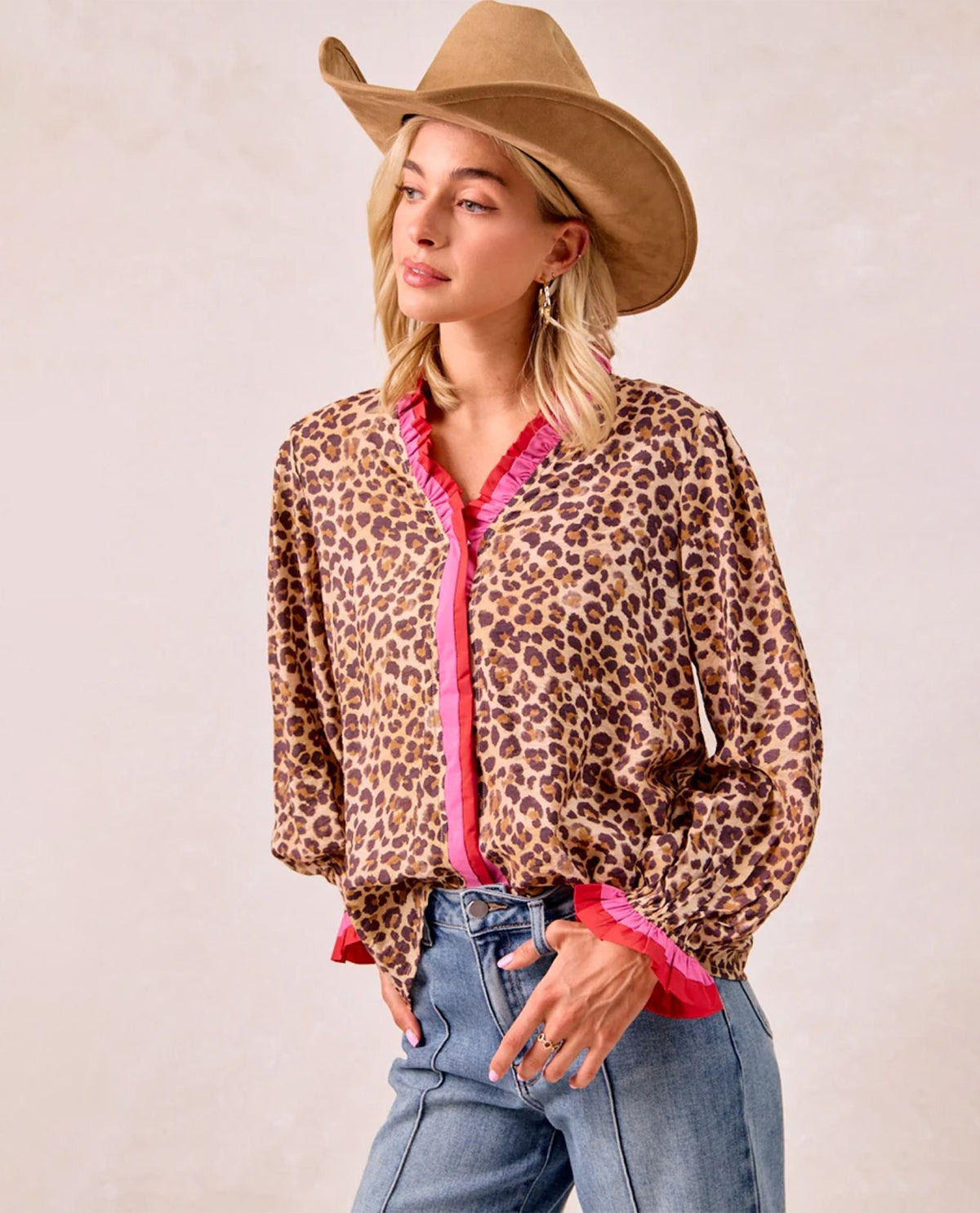 Bibi Leopard Print Top with Stripe Wavy Trim Detail