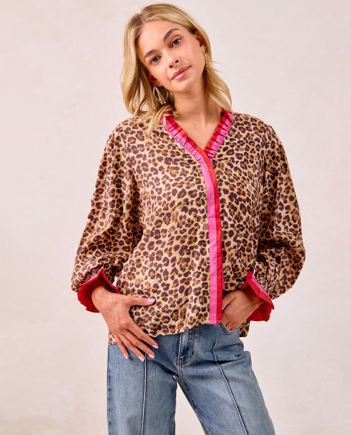 Bibi Leopard Print Top with Stripe Wavy Trim Detail
