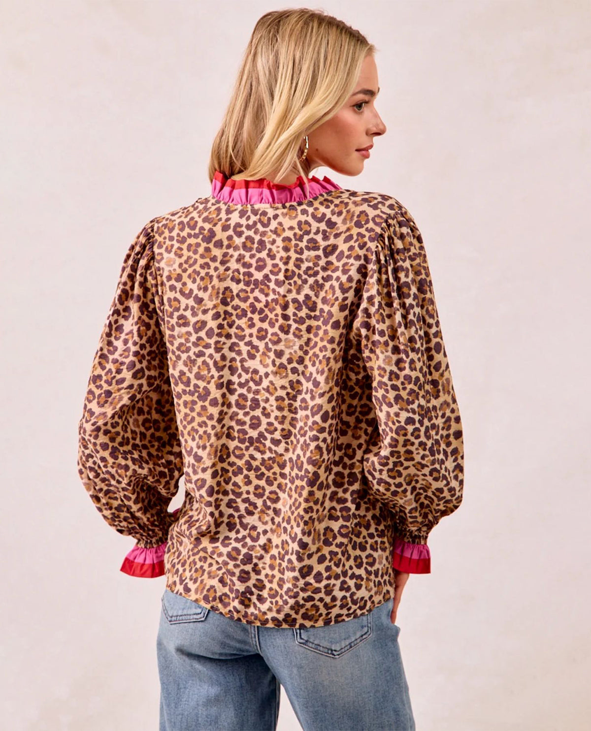 Bibi Leopard Print Top with Stripe Wavy Trim Detail