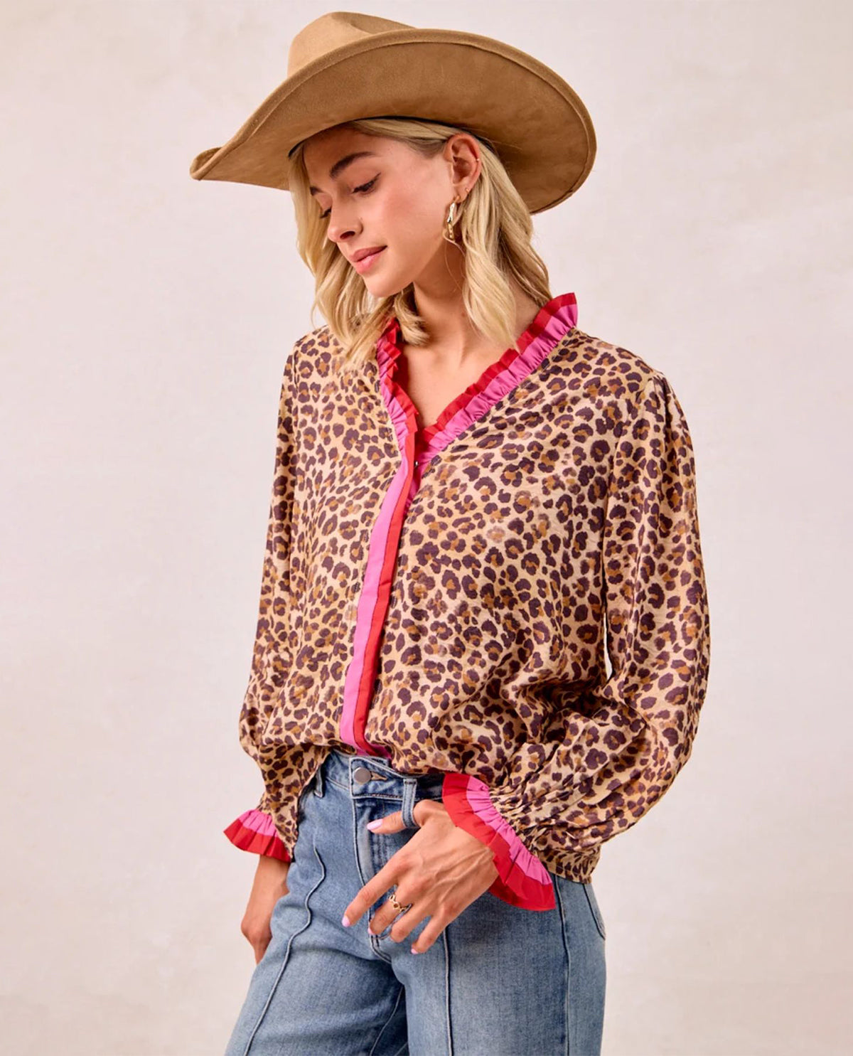 Bibi Leopard Print Top with Stripe Wavy Trim Detail