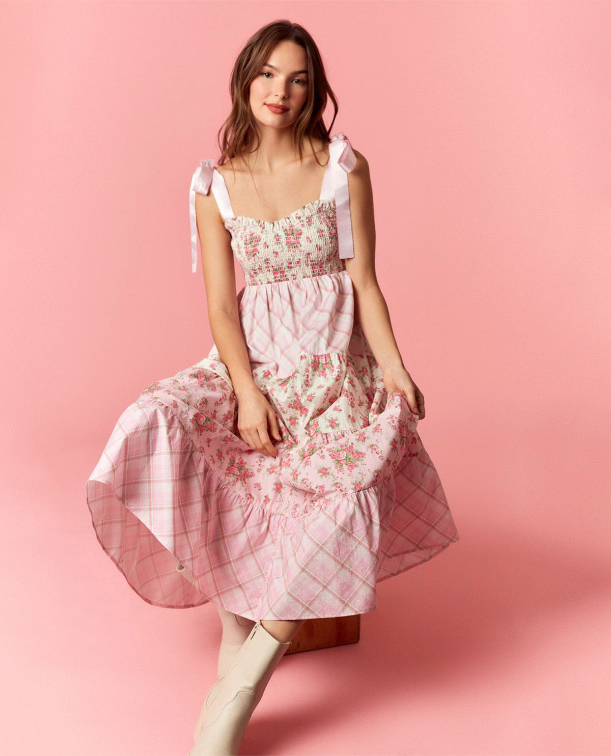 Peach Love Mixed Print Tiered Dress