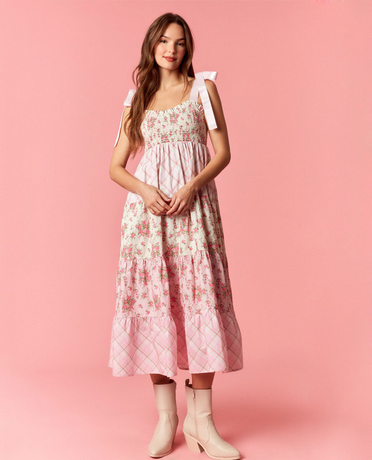 Peach Love Mixed Print Tiered Dress