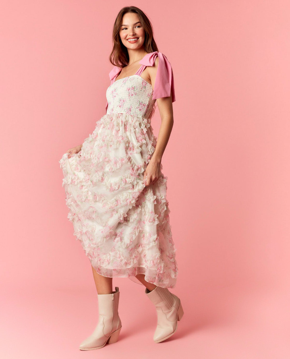 Peach Love Floral Smocked Dress with Bow