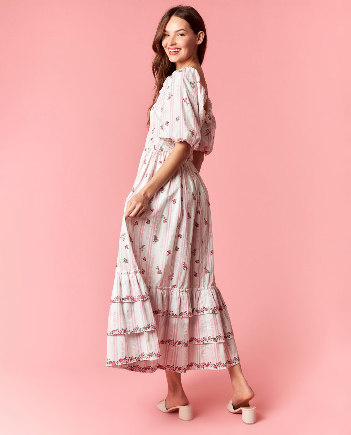 Peach Love Floral Bubble Sleeve Maxi Dress Pink