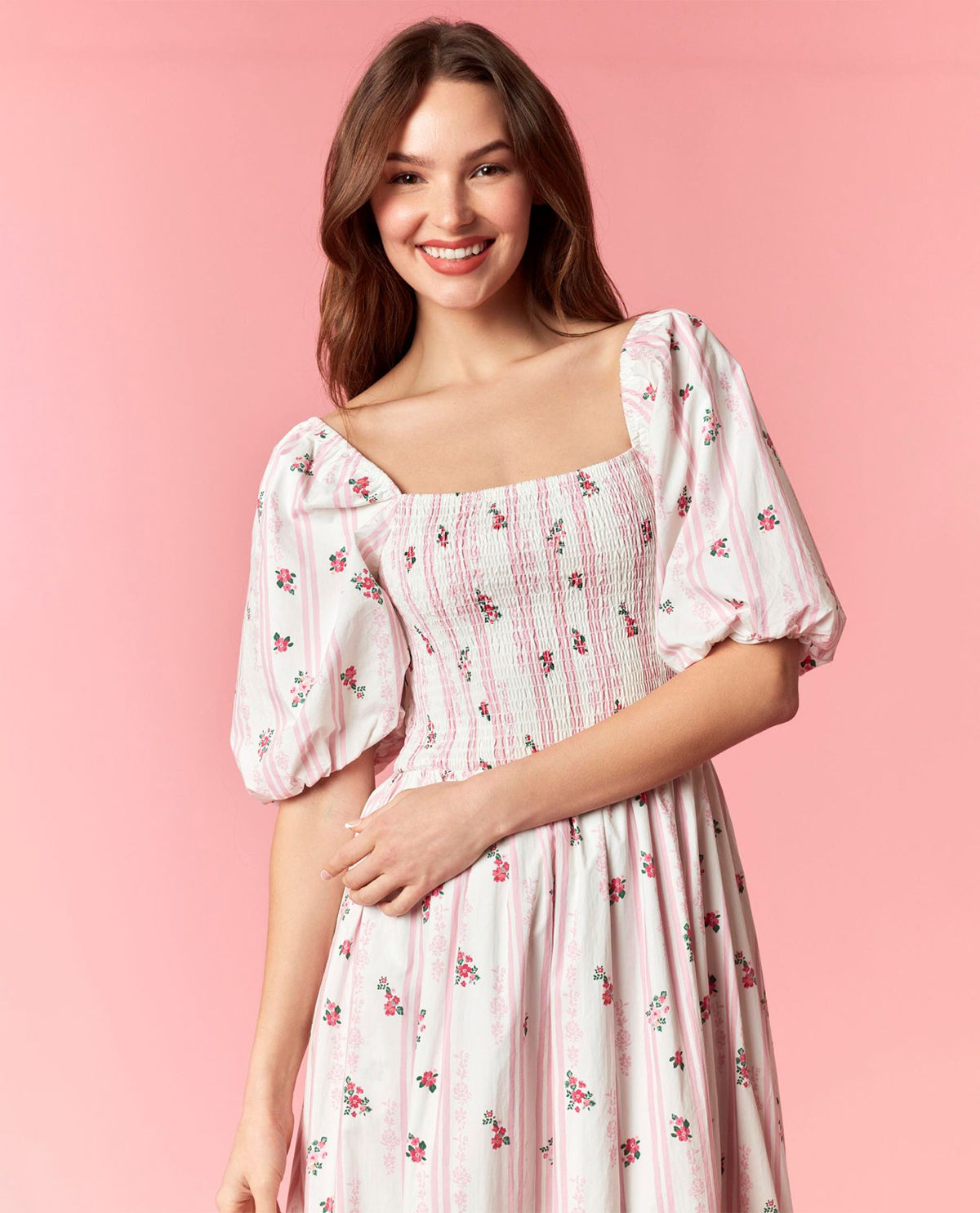 Peach Love Floral Bubble Sleeve Maxi Dress Pink