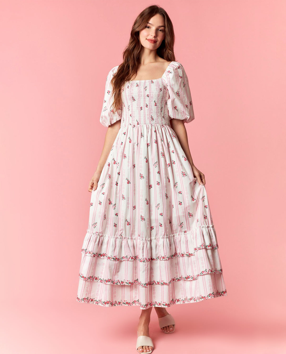 Peach Love Floral Bubble Sleeve Maxi Dress Pink