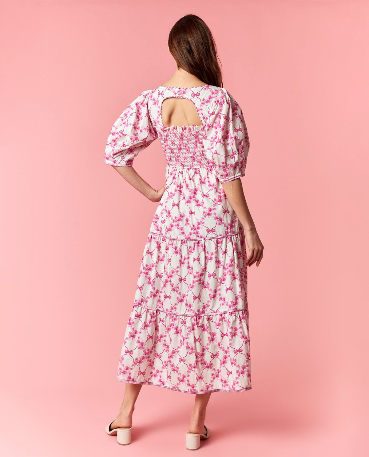 Peach Love Smocked Waist Bow Dress Magenta