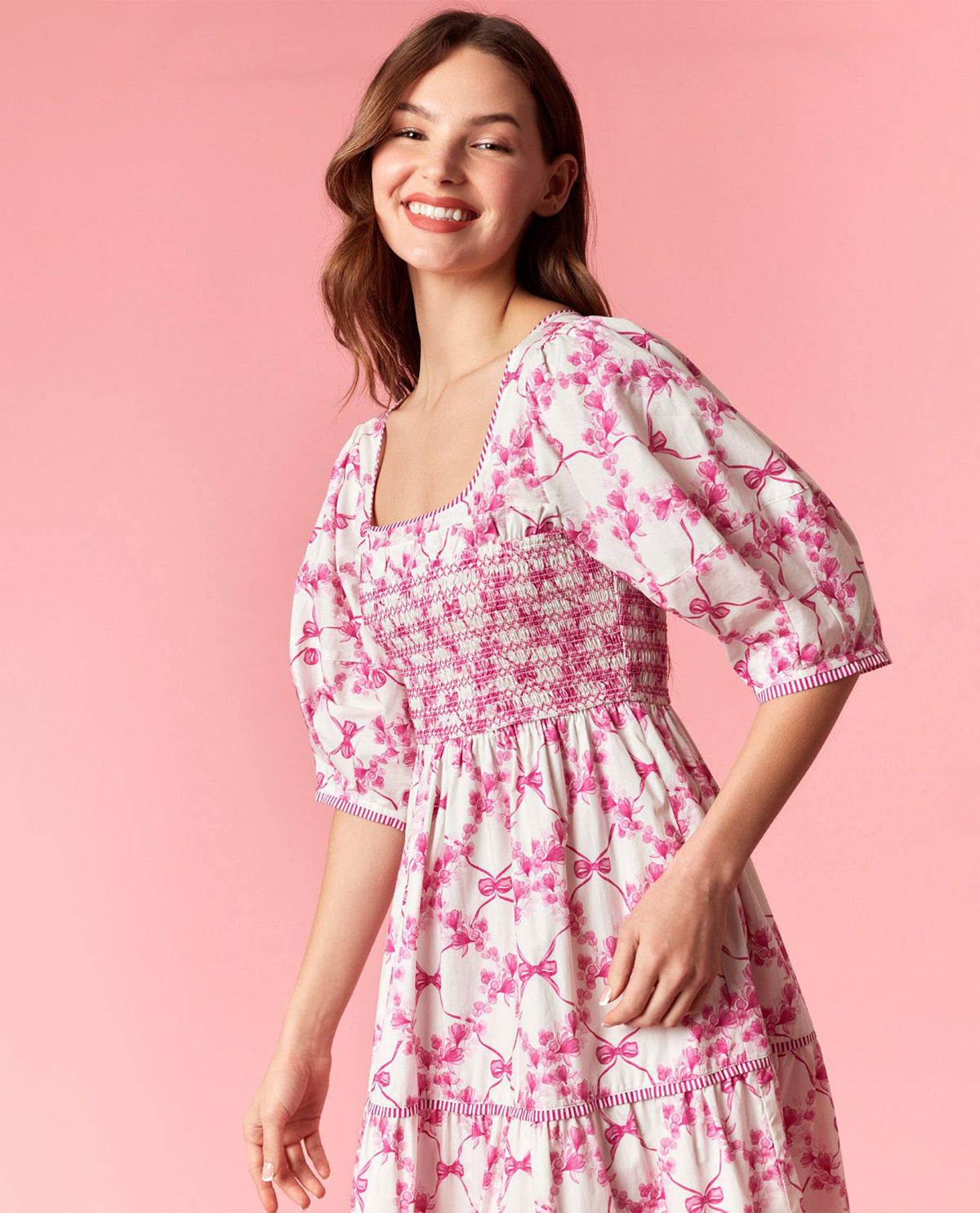 Peach Love Smocked Waist Bow Dress Magenta