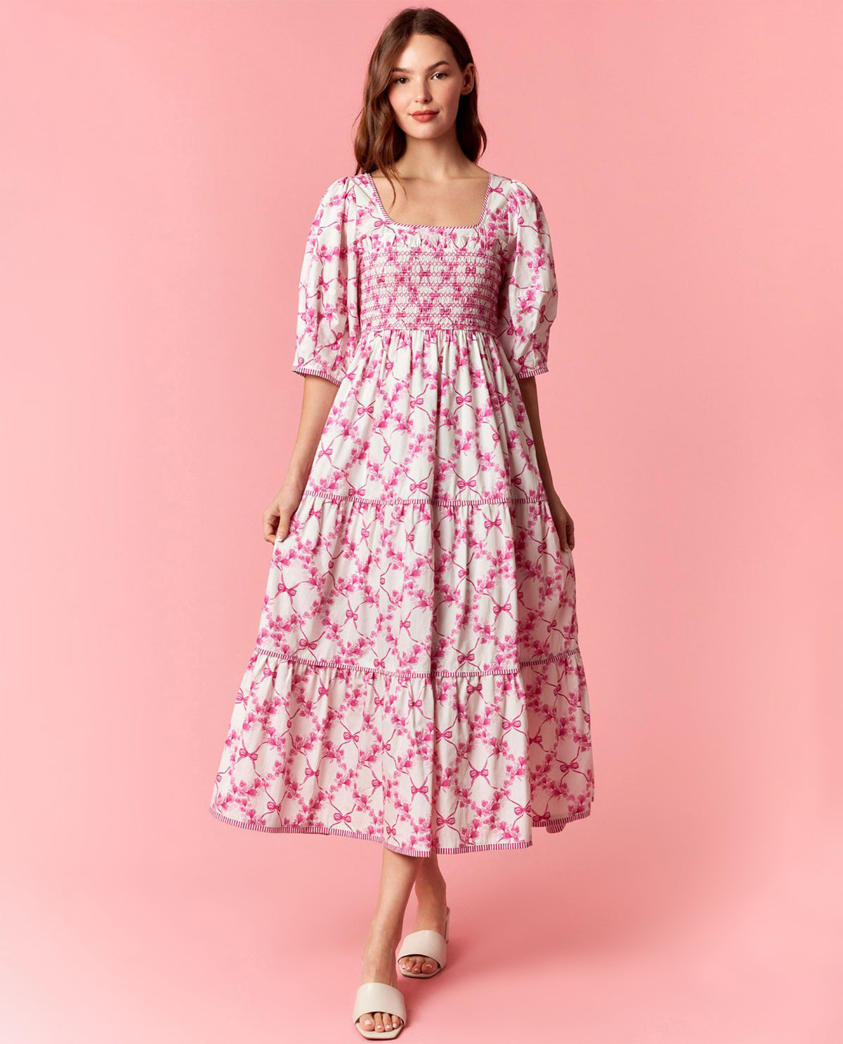 Peach Love Smocked Waist Bow Dress Magenta