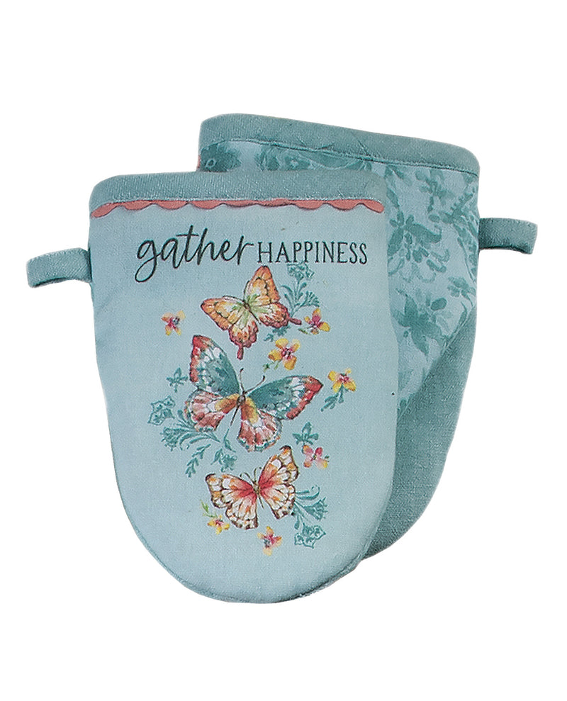 Teal oven mitt with butterfly design and 'gather happiness' text on a white background