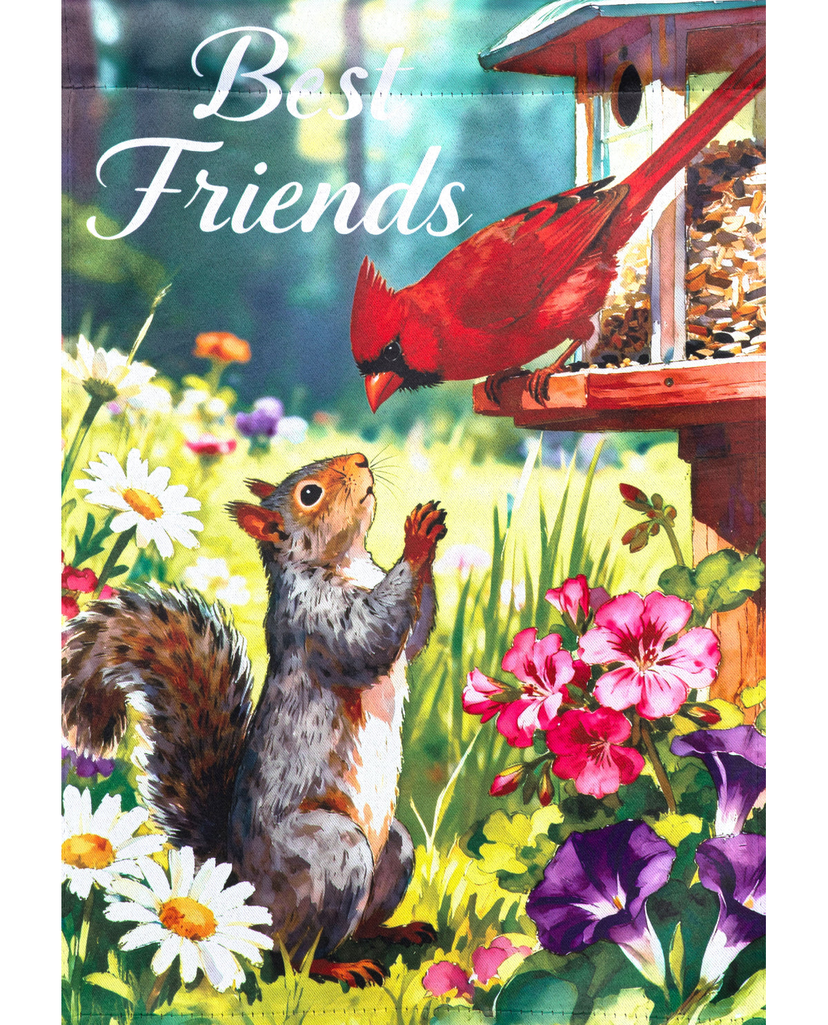 Cardinals and Squirrel Suede House Flag