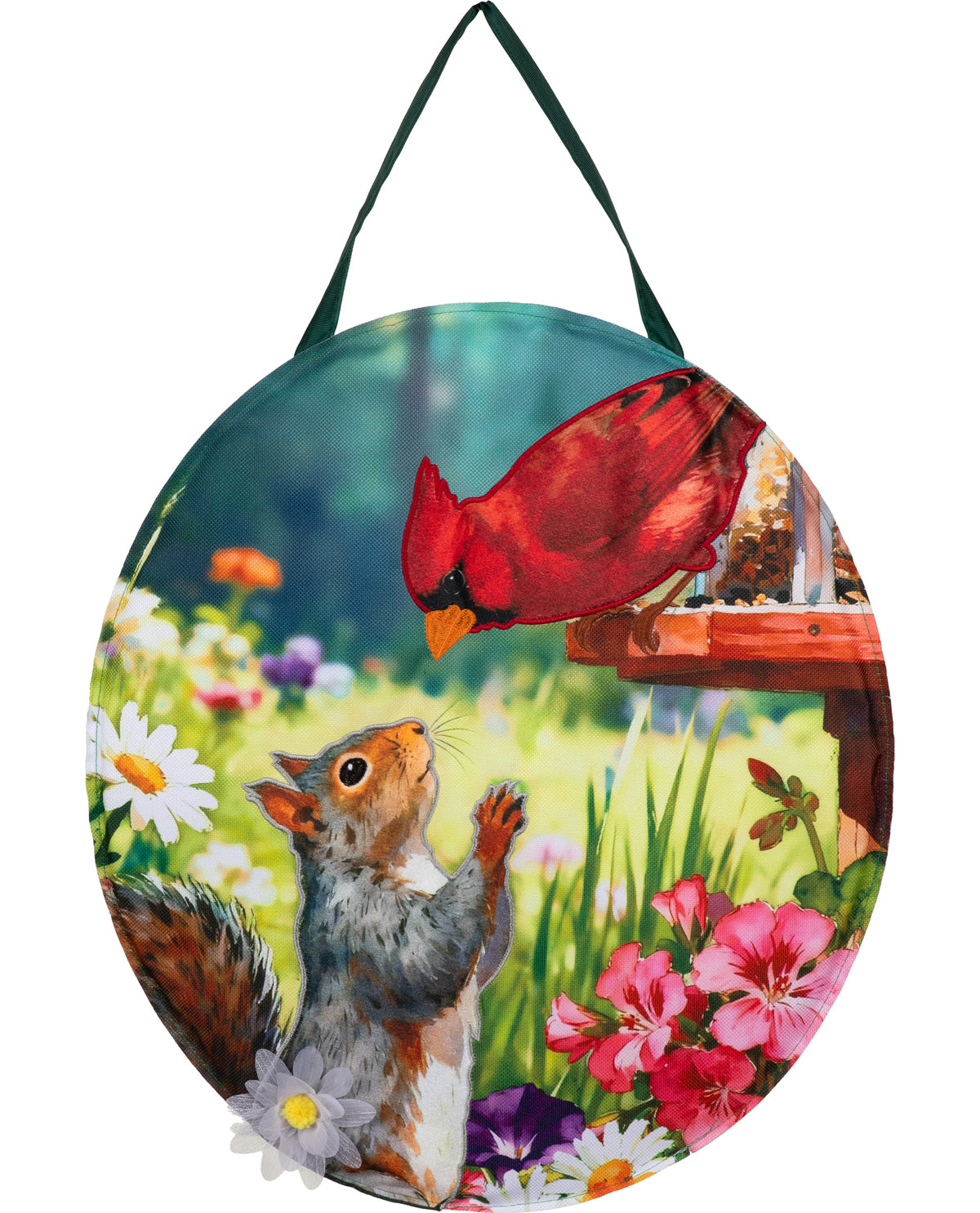 Round hanging garden sign featuring a colorful illustration of a red cardinal and a gray squirrel in a flower garden, with a dark green hanging loop at the top.