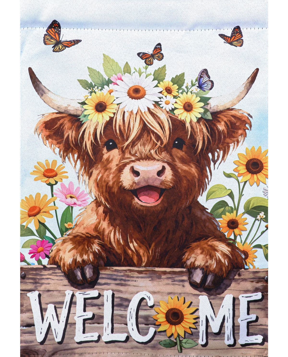 "Welcome" Highland Cow Suede Garden Flag