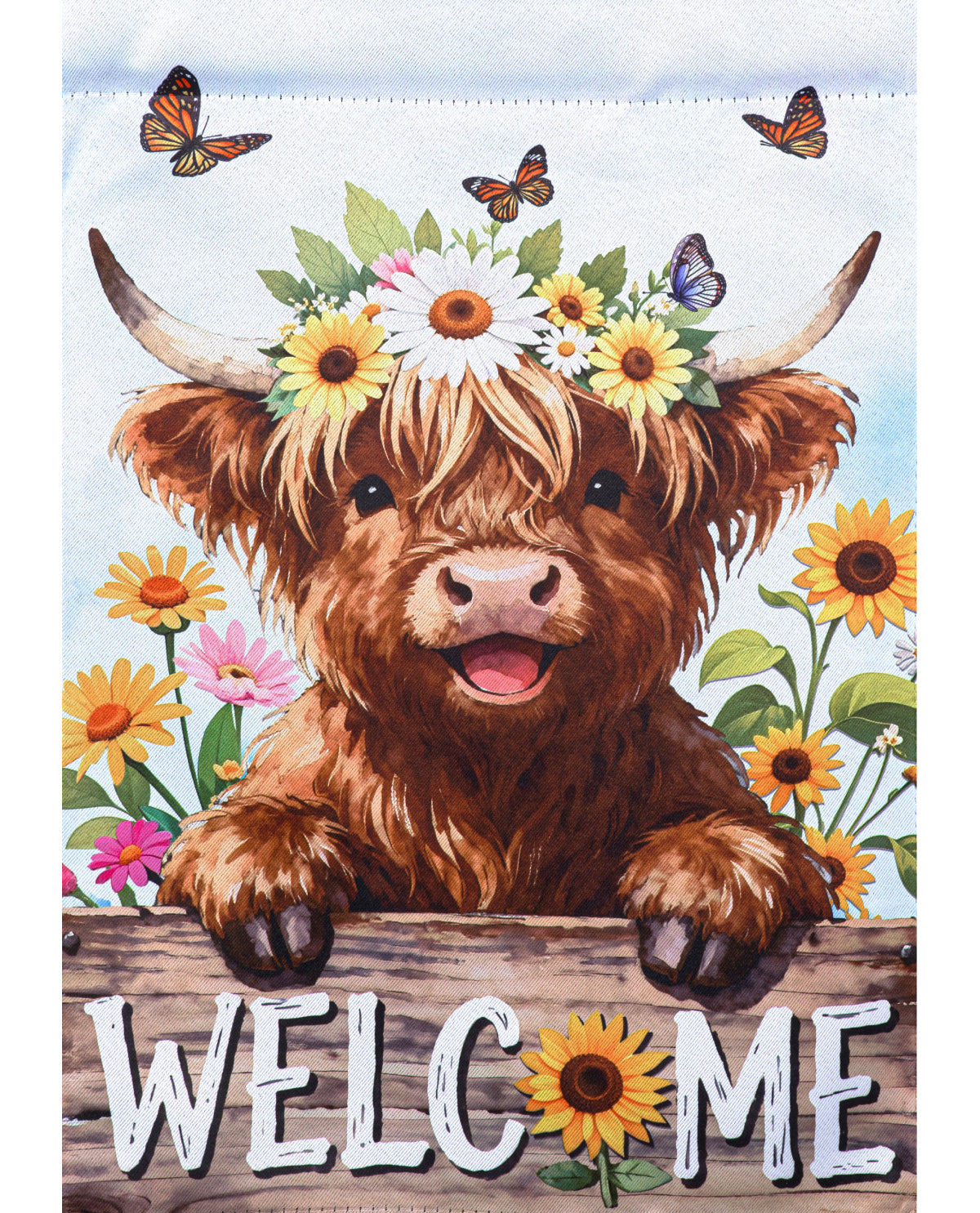 "Welcome" Highland Cow Suede House Flag