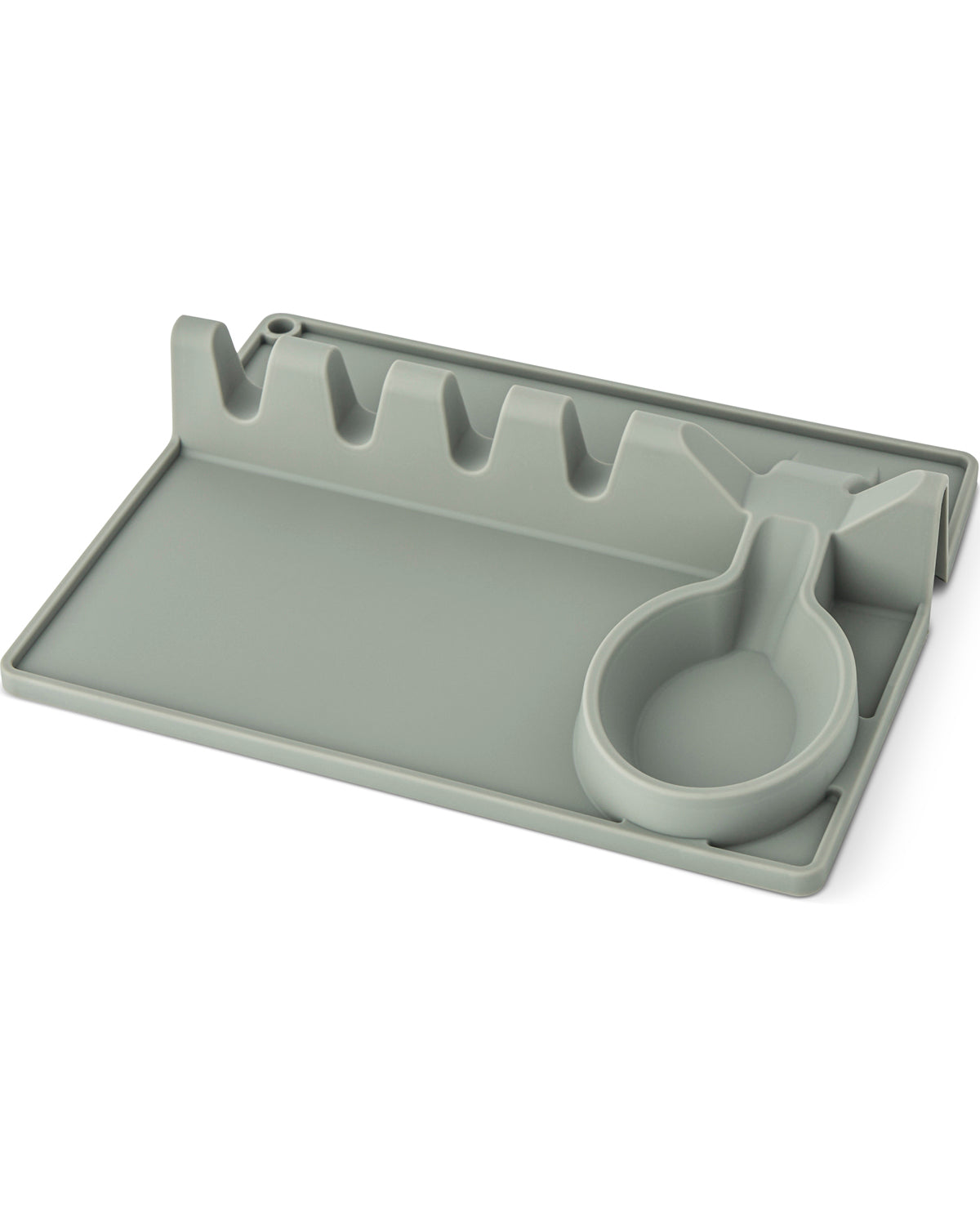 A light gray silicone baby feeding tray with a spoon holder and four vertical teeth for utensils, shown on a plain white background.