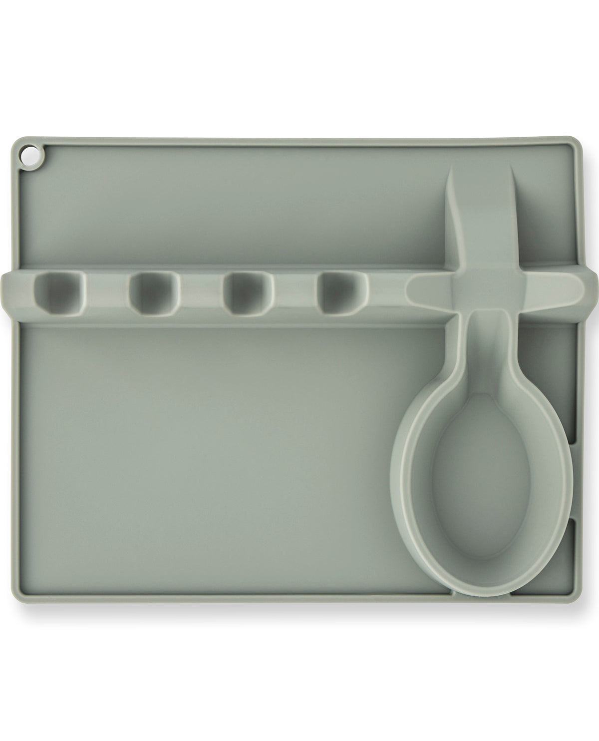 A gray silicone baby feeding tray with integrated spoon, cup, and bottle holder compartments, shown on a plain white background.