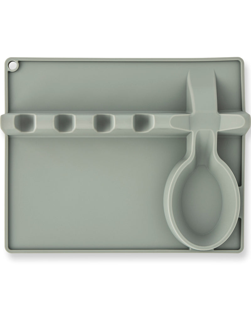 A gray silicone baby feeding tray with integrated spoon, cup, and bottle holder compartments, shown on a plain white background.