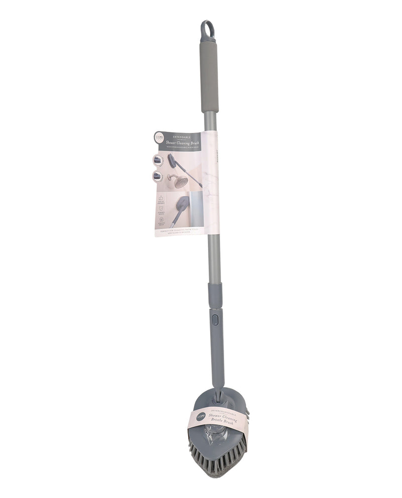 Gray pet cleaning brush with a handle on a white background