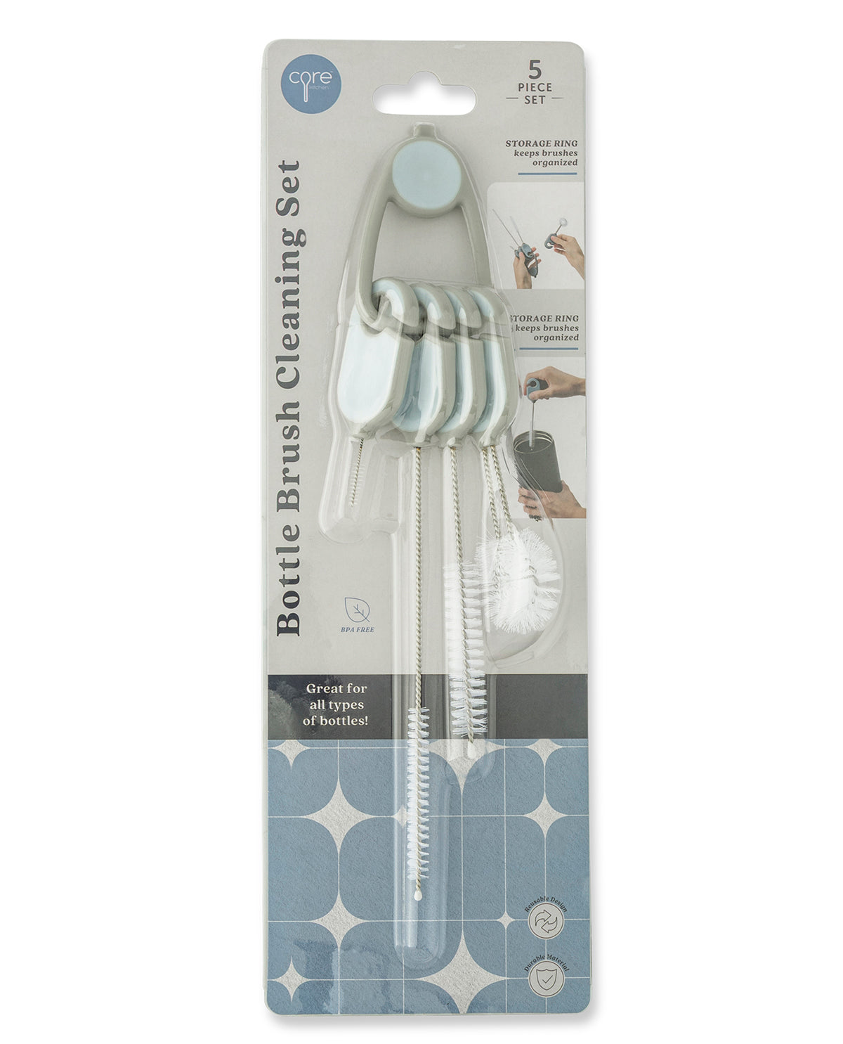 4 Piece Bottle Brush Cleaning Set Pewter Blue