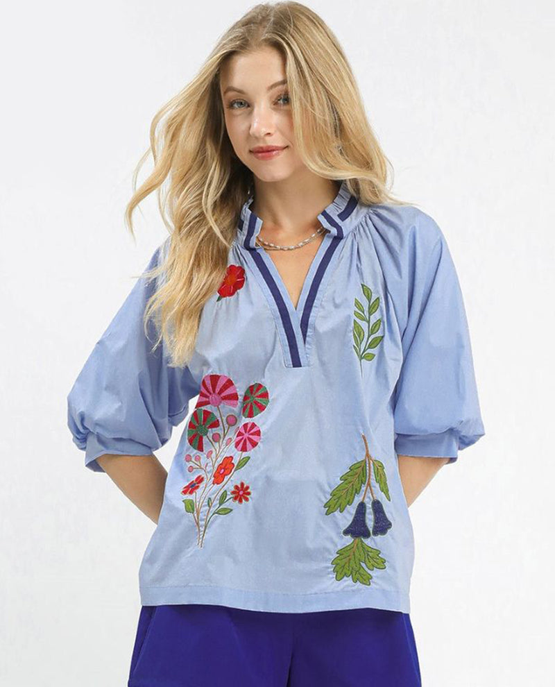 Umgee Embroidered Floral V-Neck Top