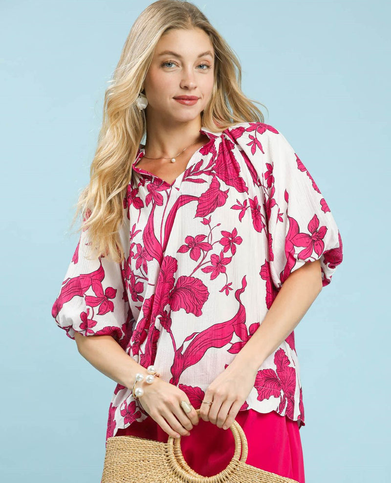 Umgee Floral Print V-Neck Top with Bubble Sleeves