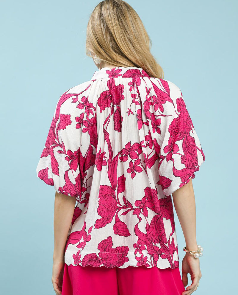 Umgee Floral Print V-Neck Top With Bubble Sleeves Fuchsia